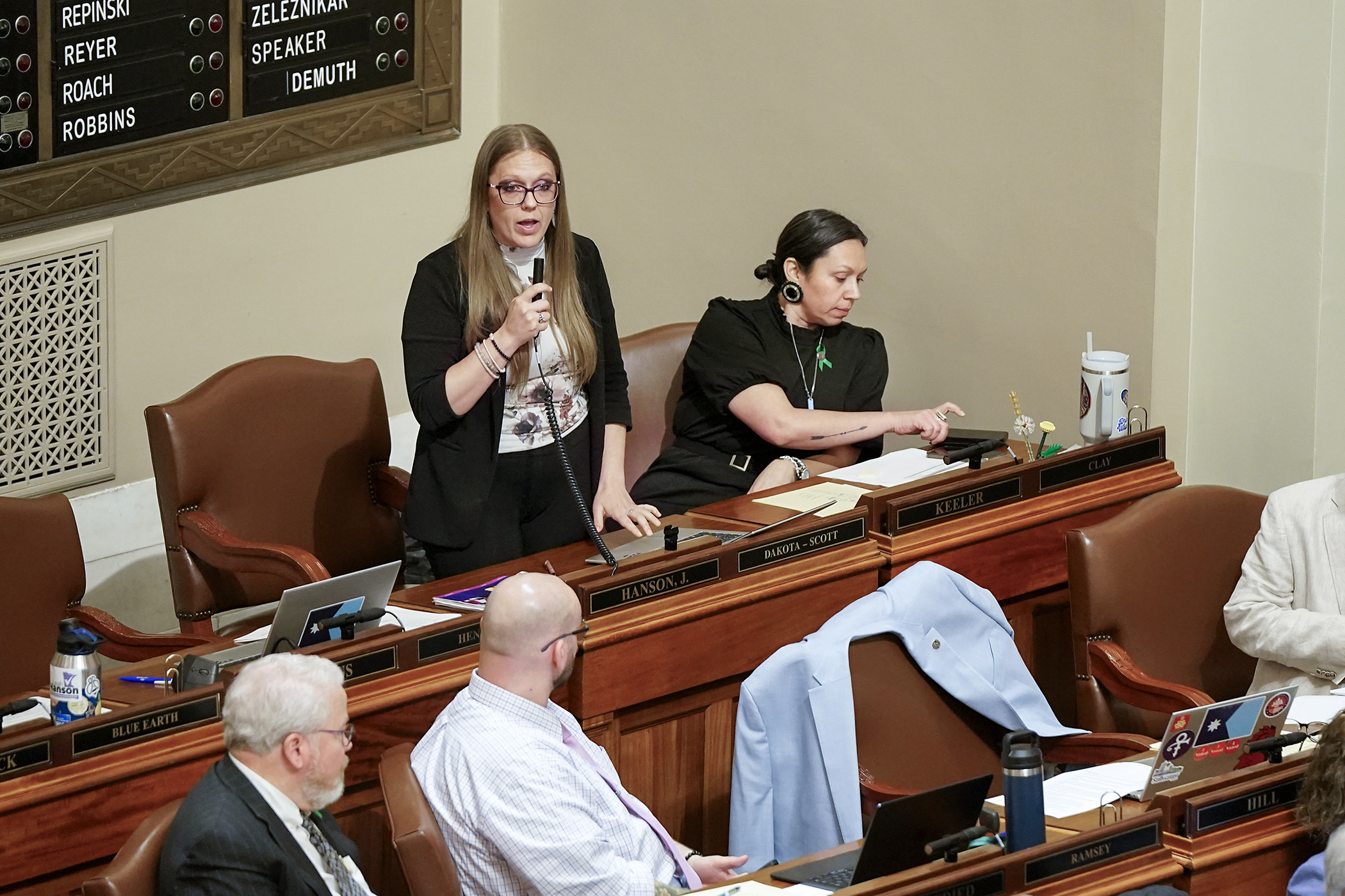 Rep. Jessica Hanson debates against a proposed amendment to HF1606 Thursday on the House Floor. She sponsors the bill that would prohibit a user to access, download or use a website, application, software, program or other service to nudify an image or video. (Photo by Michele Jokinen)